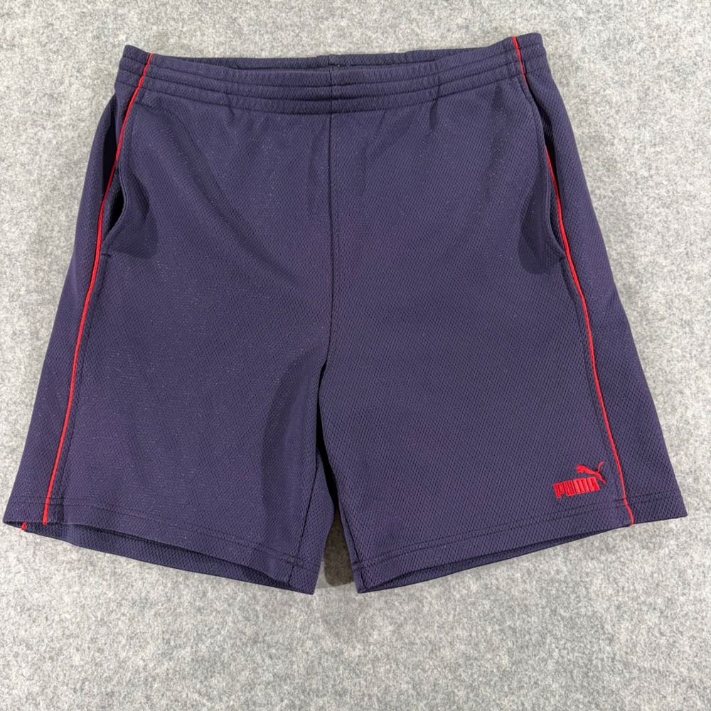 Puma Mens‎ Navy Blue Mesh Athletic Gym Shorts Red Piping Logo Size M